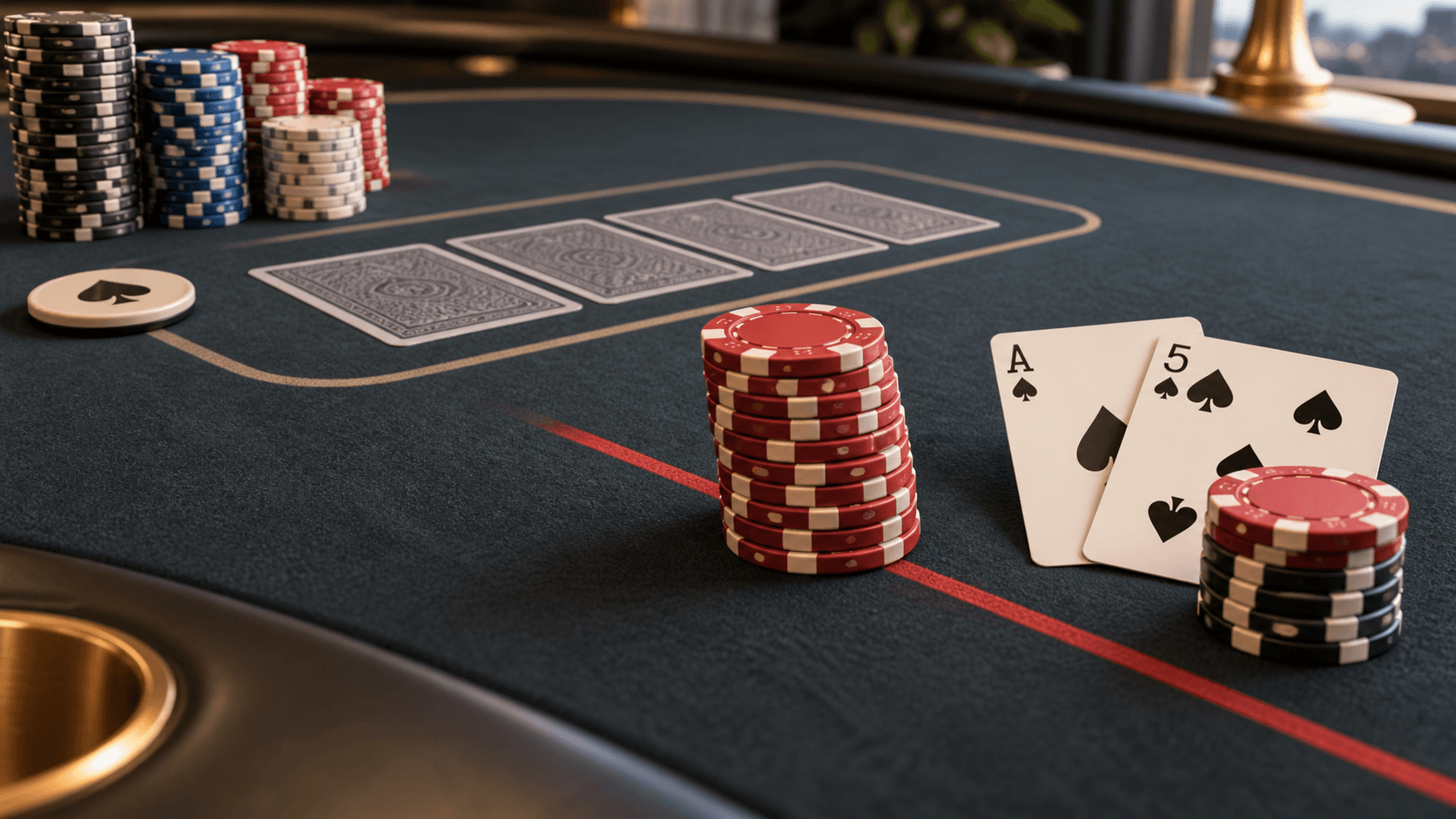 Ace-five suited beside a short tournament stack moving all-in across a clean poker table
