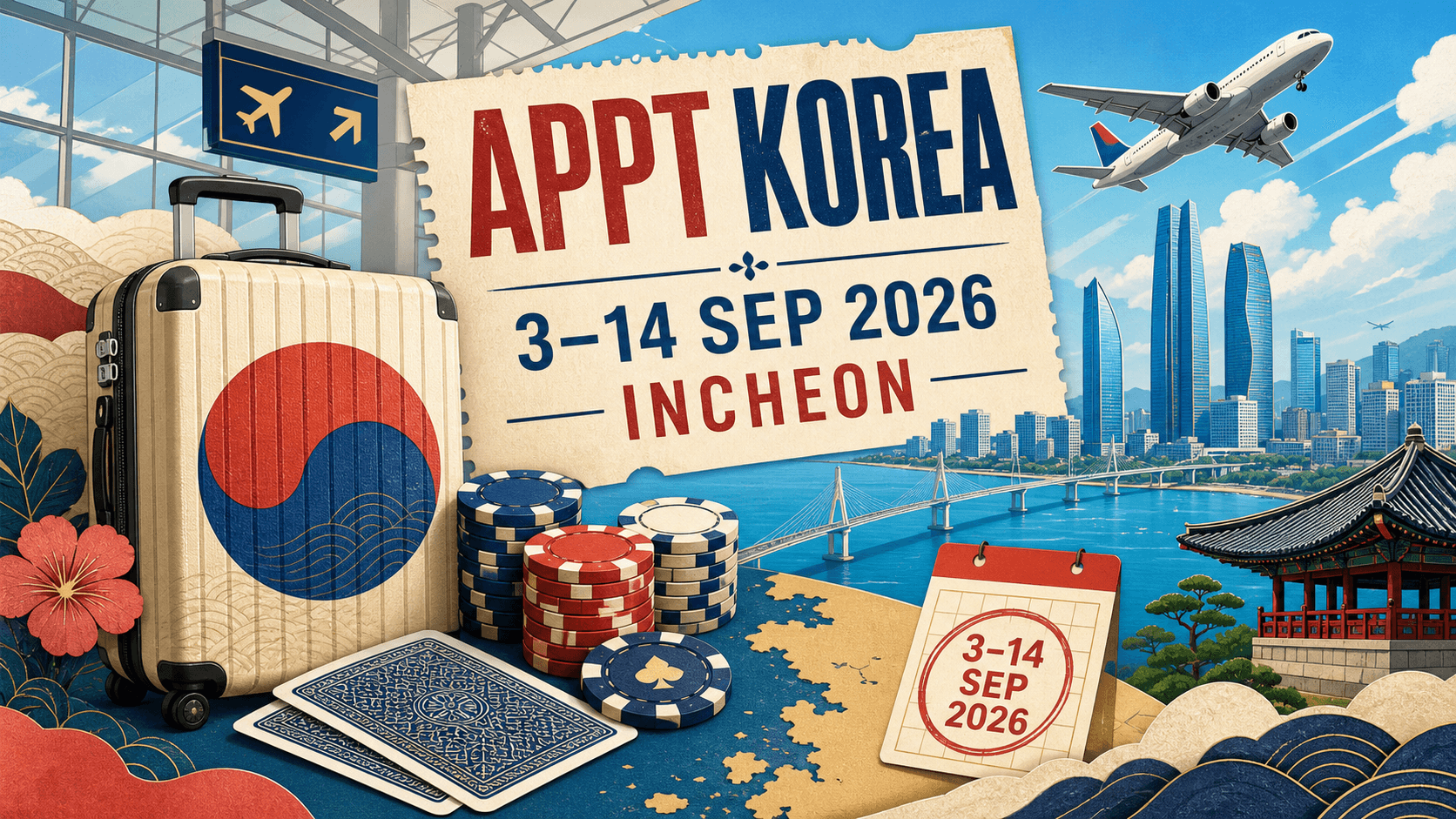 Bright editorial travel collage with an Incheon-inspired skyline, airplane, suitcase, poker chips and APPT Korea dates, September 3–14, 2026.