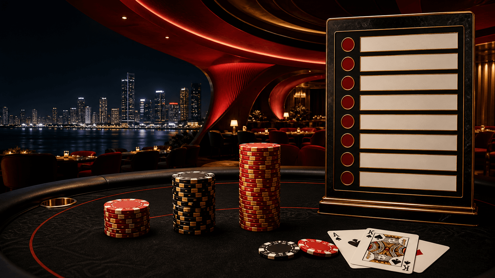 DIP editorial illustration of three poker chip stacks and a tournament schedule board overlooking Manila Bay