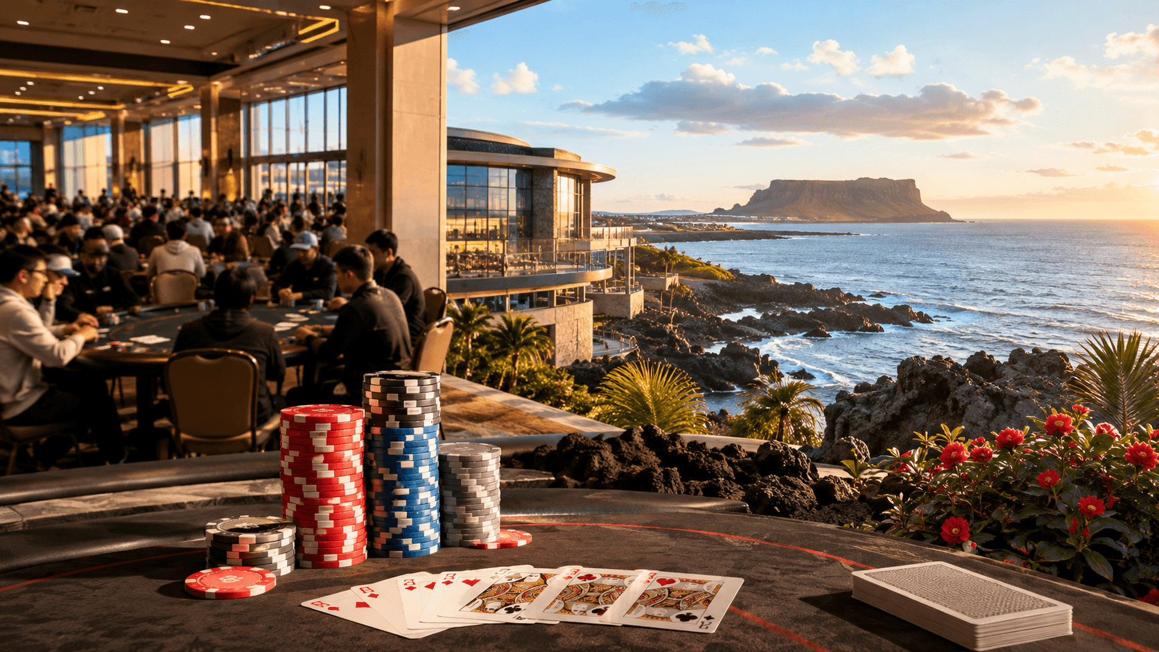 A bright Jeju coastal resort with a large live poker festival and tournament chips