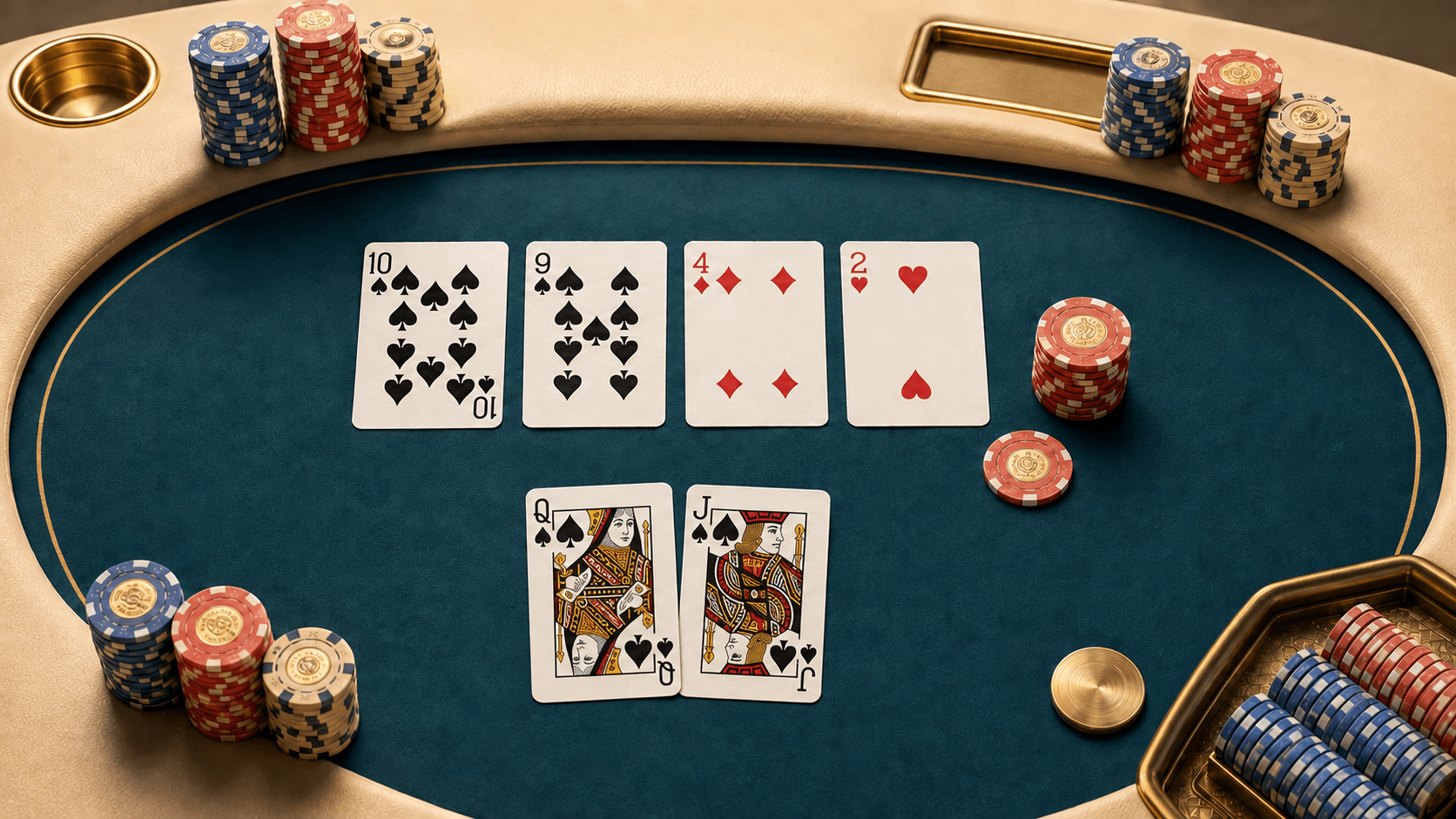 Q of spades and J of spades facing a turn bet on a ten-nine-four-two board