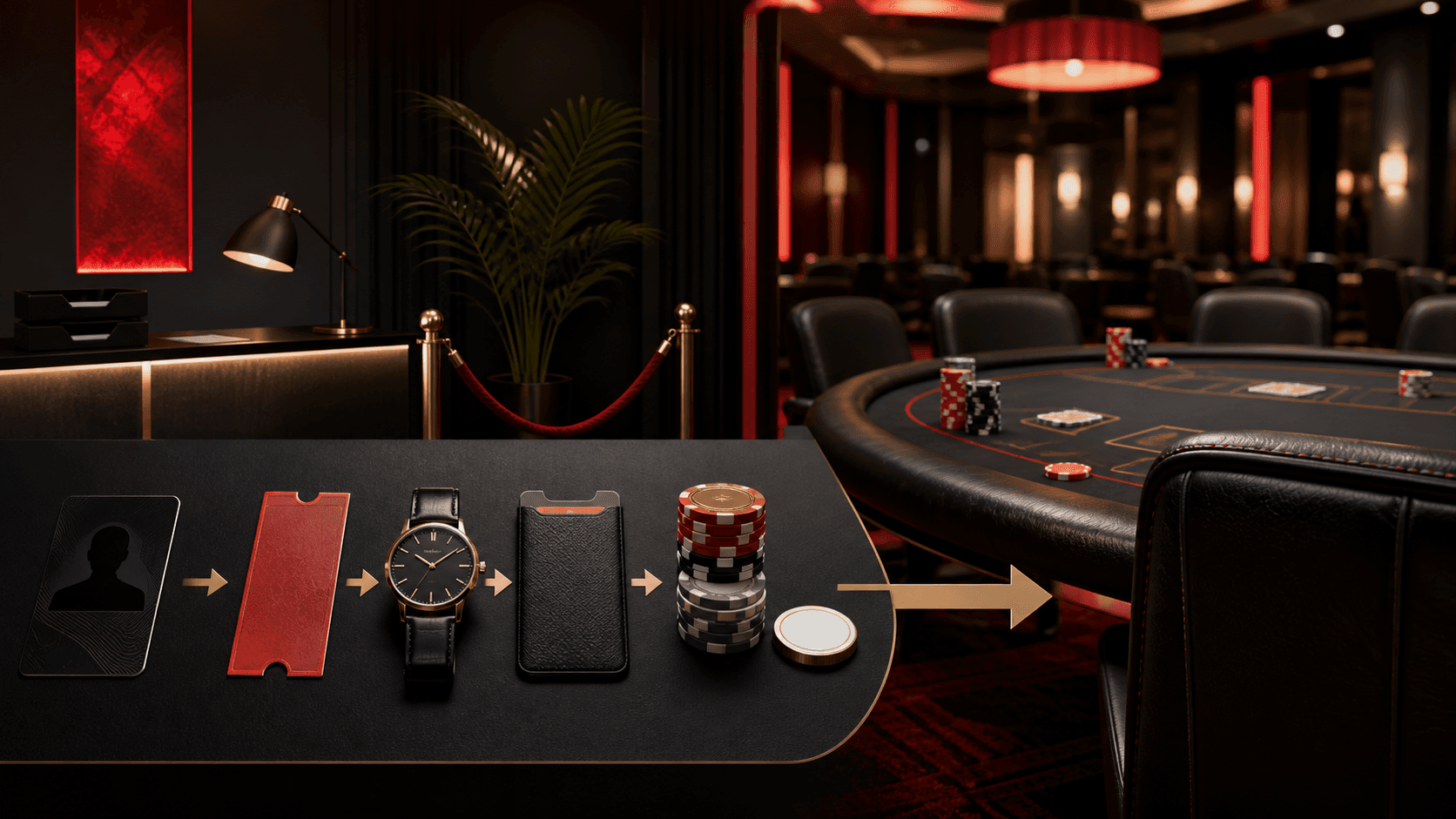 Tournament preparation objects leading toward a professional live poker table
