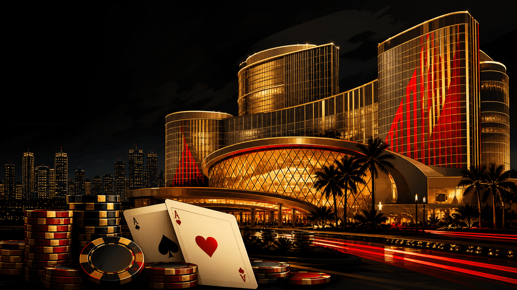 Editorial illustration of City of Dreams Manila with poker chips and playing cards