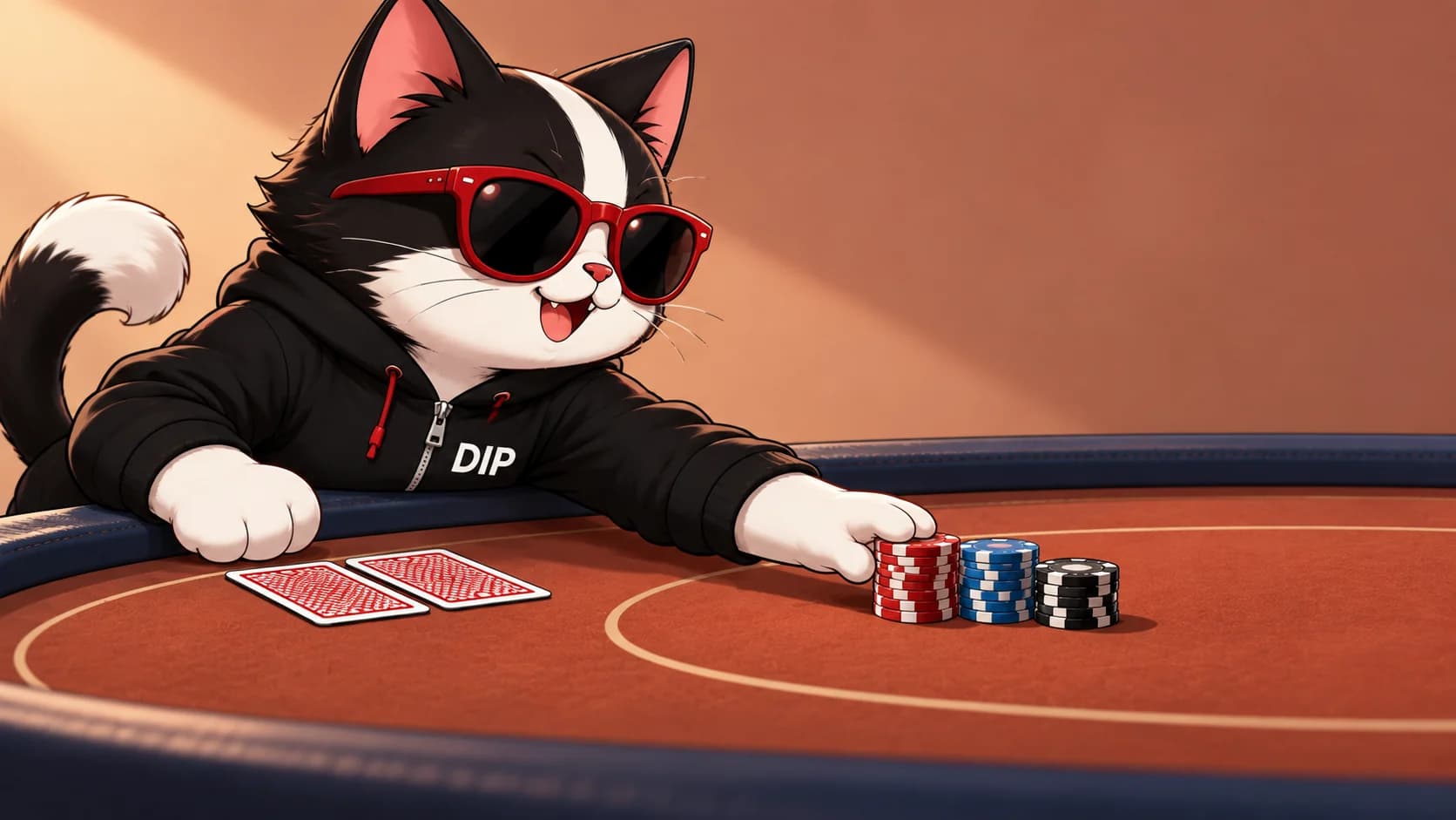 DIP Cat pushes practice chips forward in a side-view lesson scene with terracotta felt.