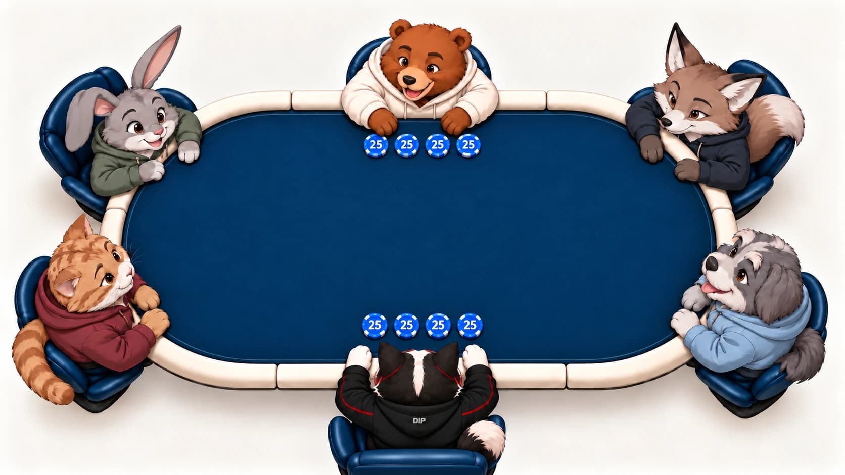 DIP Cat and Bear each start with four blue twenty-five-unit practice chips at the fixed navy table, while four friends watch without playing.