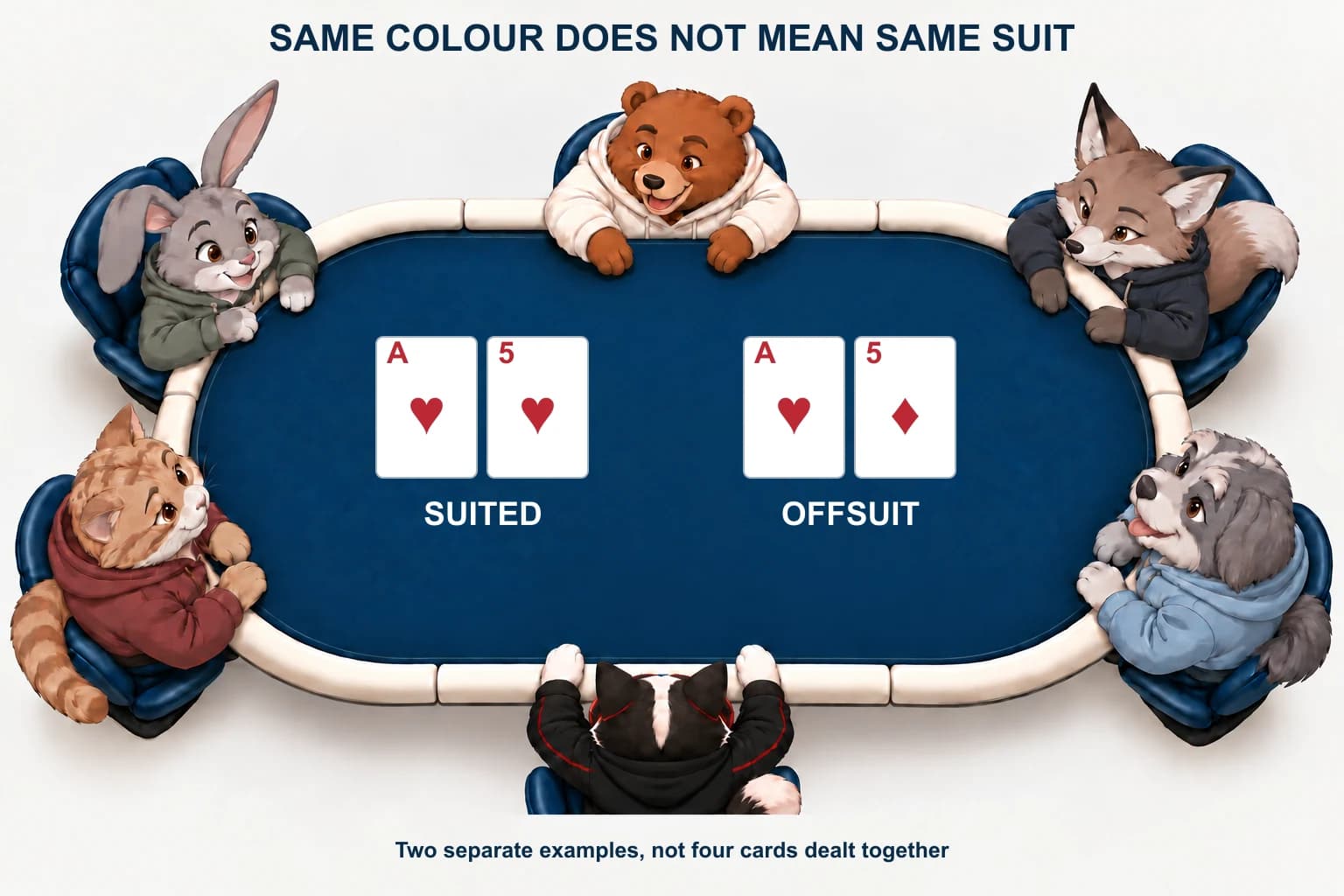 Two separate examples compare ace-five of hearts with ace of hearts and five of diamonds.