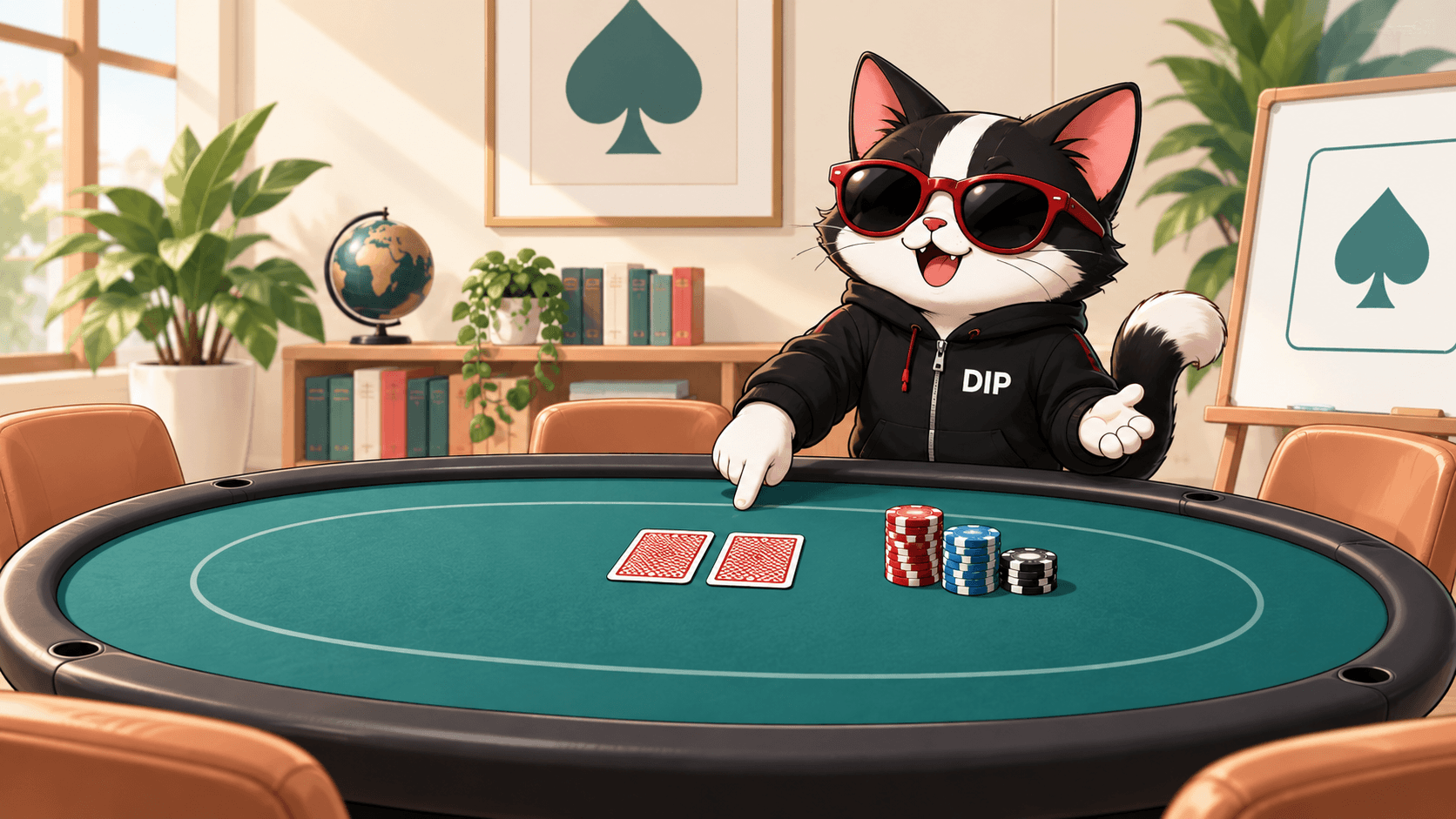 DIP cat explains two private cards at a teal poker table in a bright classroom; original AI-generated course illustration.