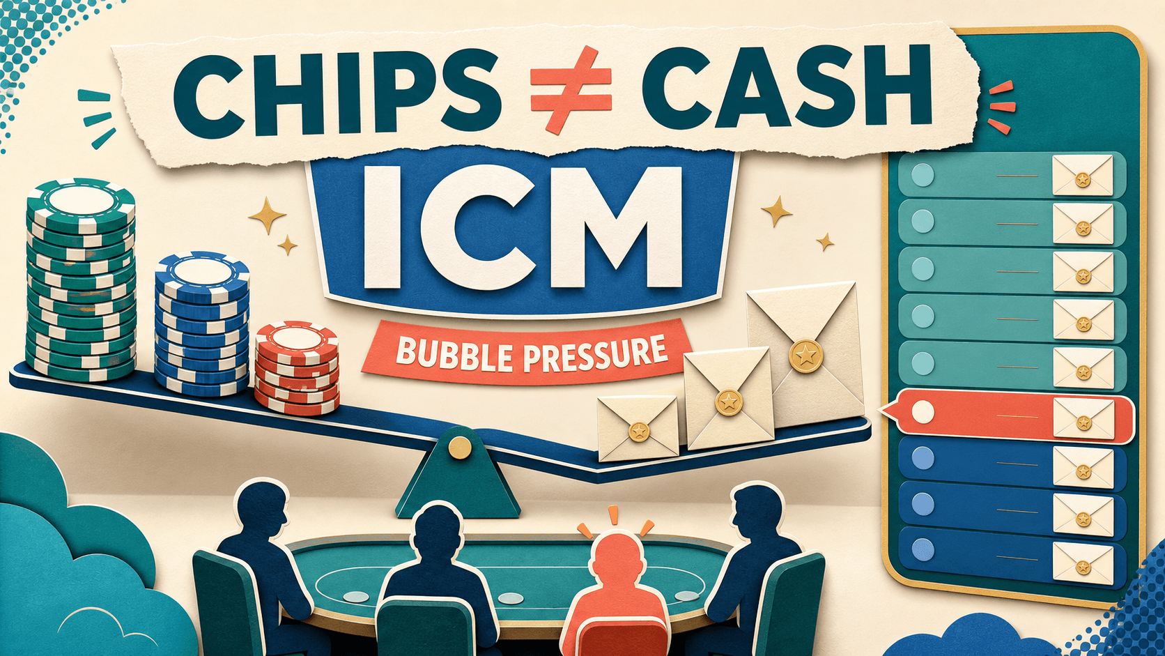 Bright paper-cut infographic showing unequal poker chip stacks, prize envelopes and bubble pressure under the words Chips Not Equal Cash and ICM.