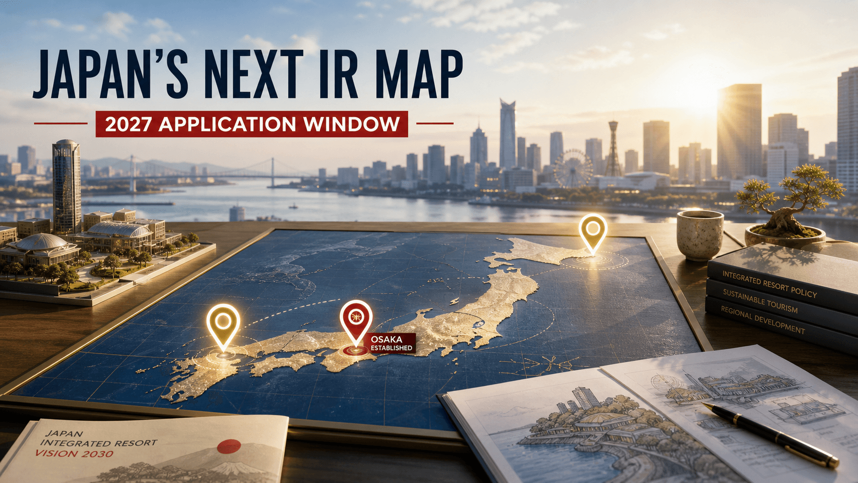 Editorial planning map of Japan showing Osaka as the established integrated-resort region and two unassigned markers for the 2027 application window.