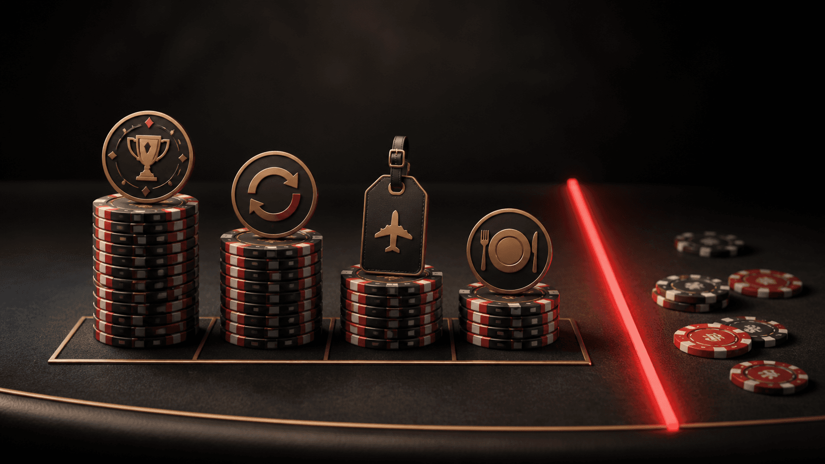 Poker chips divided into entry, re-entry, travel and session-cost allocations