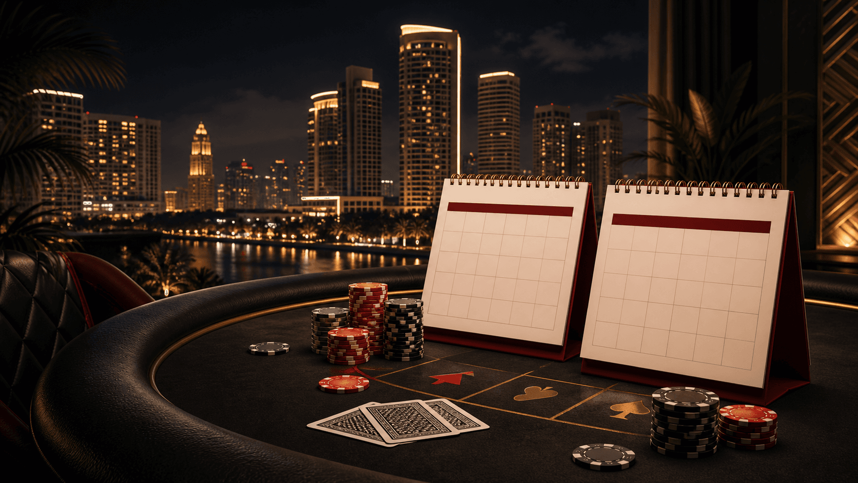 Editorial illustration of the Manila skyline, a poker table, chips, cards, and two calendar pages