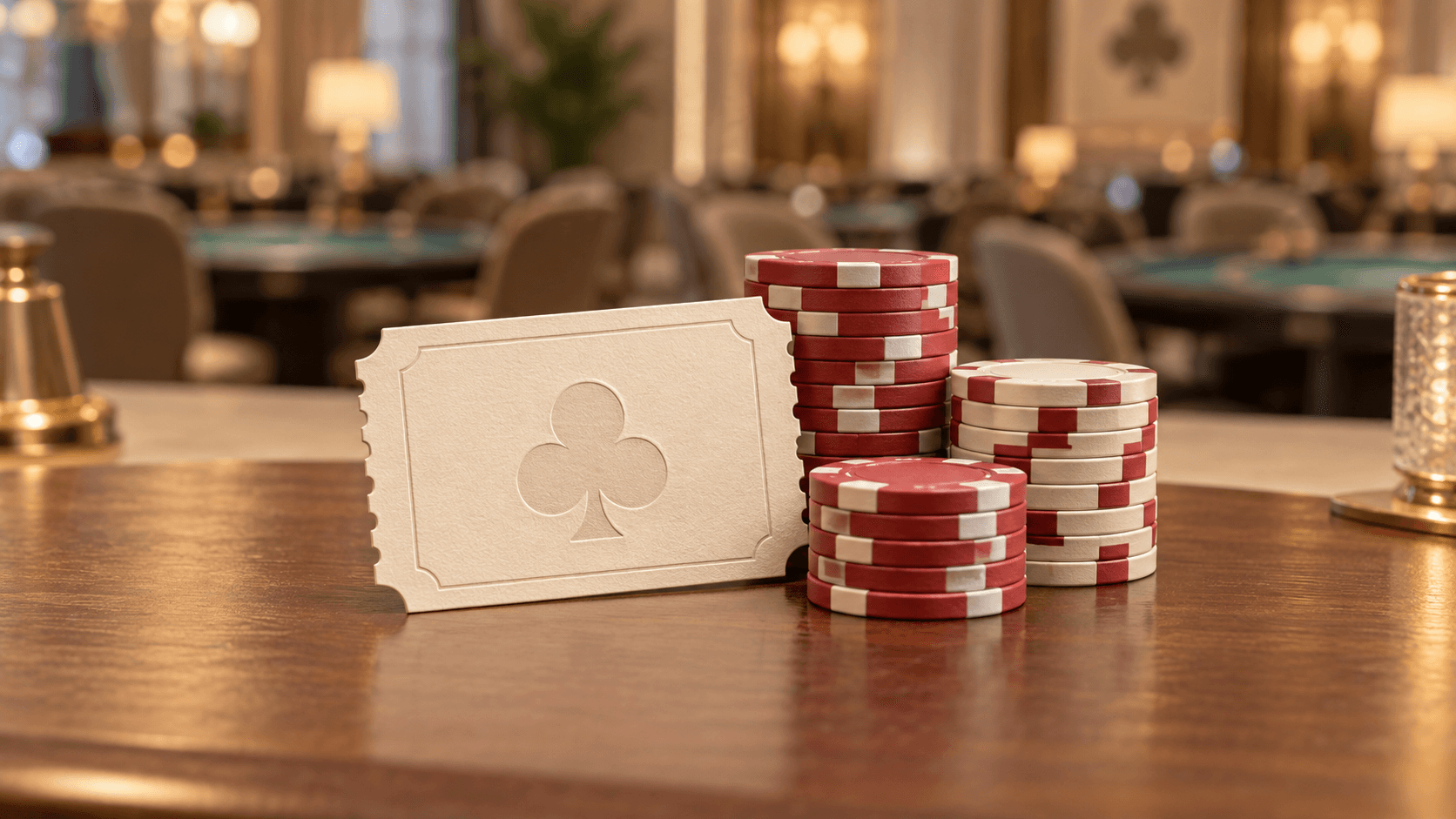AI-generated editorial illustration of an unbranded tournament ticket and poker chips; not an actual event ticket or venue photograph.