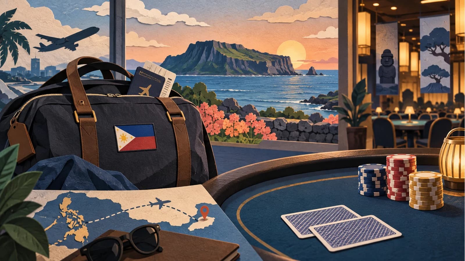 Conceptual paper-cut illustration of Philippine poker travel to Jeju, not a photograph of Lester Edoc or the tournament venue.