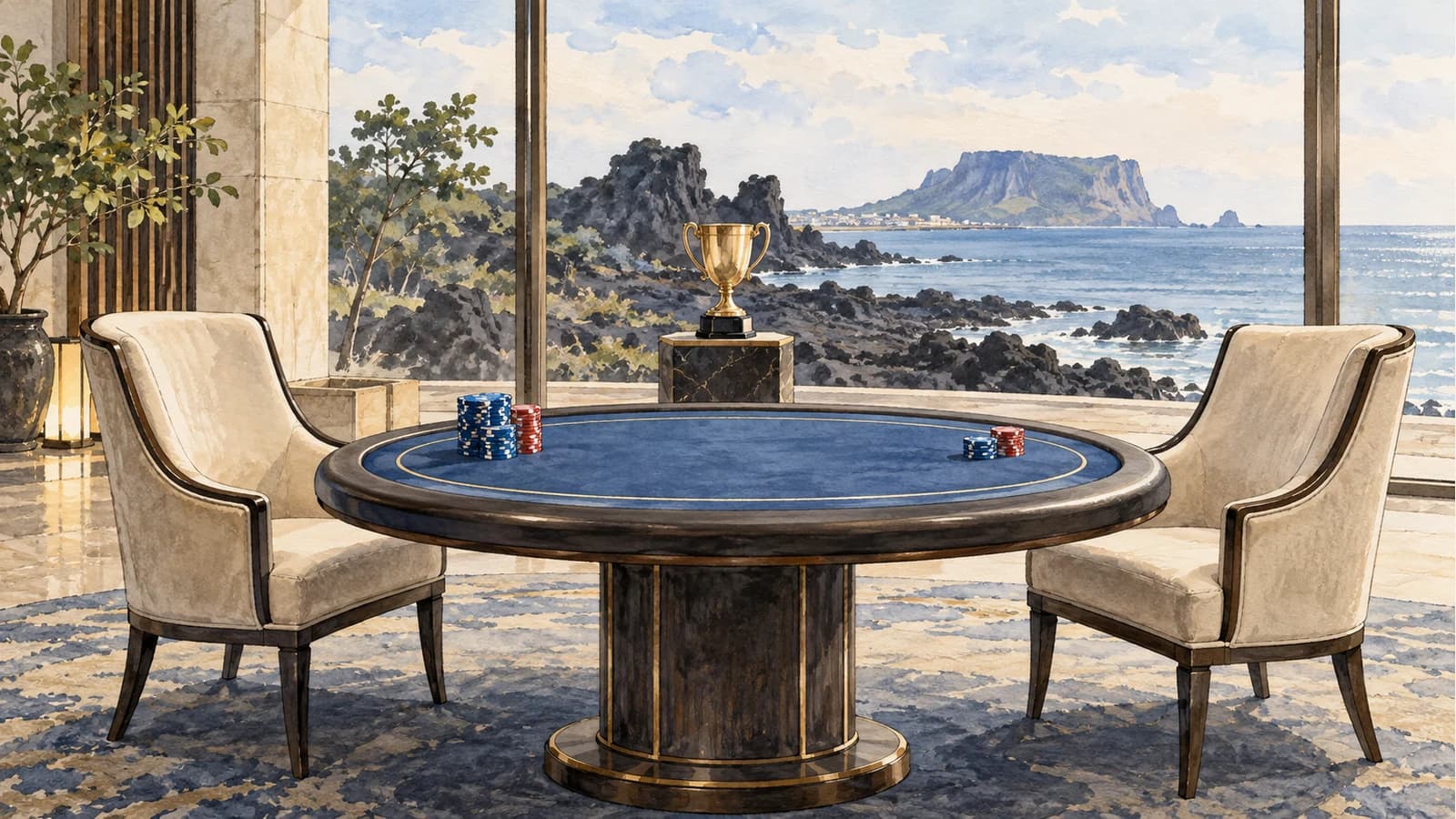 Original watercolor illustration of two empty heads-up seats and a generic trophy, not the actual APT final or venue.
