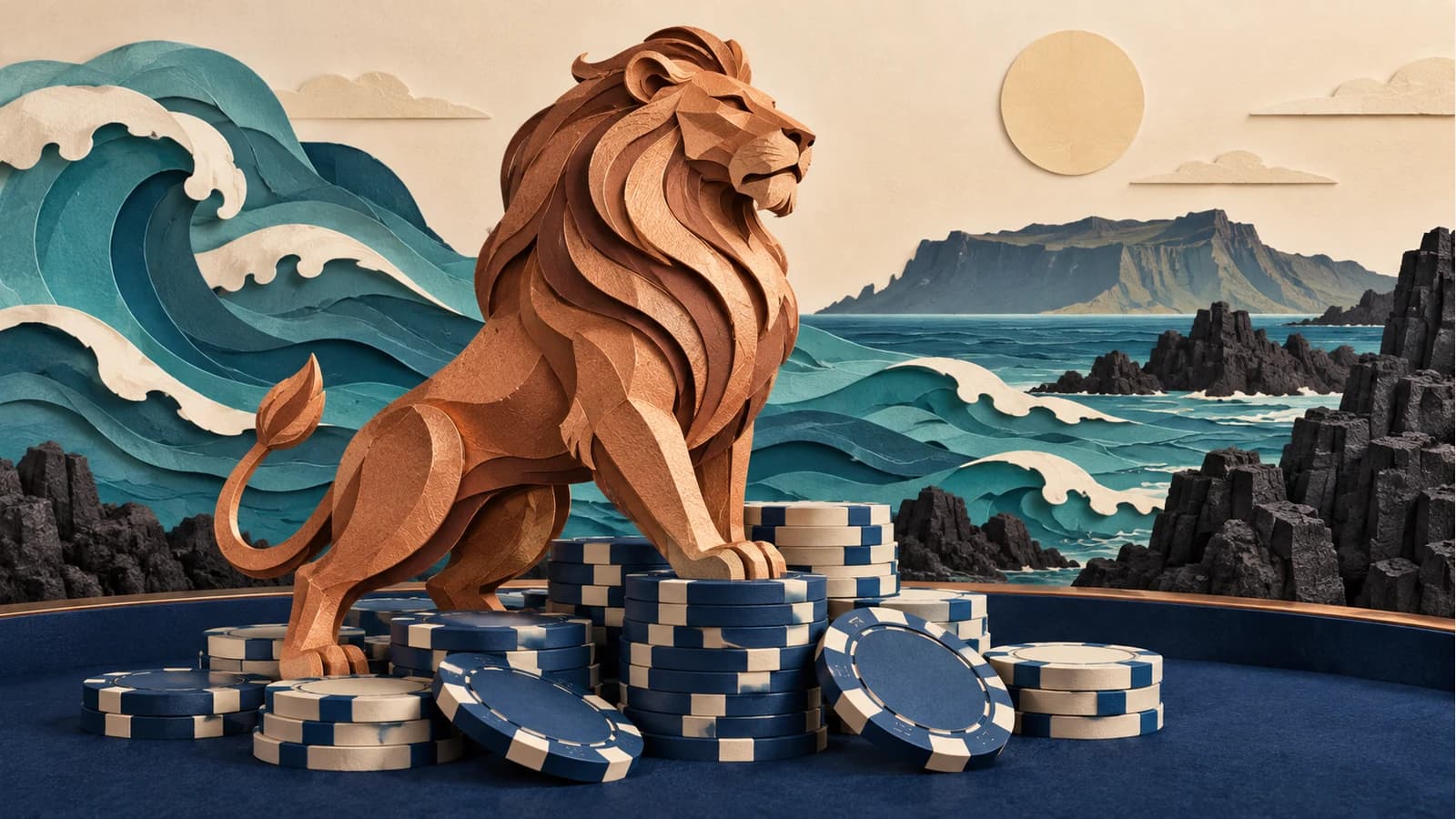 Original conceptual paper-cut lion and poker chips against a Jeju-inspired coast, not the official trophy or an event photograph.