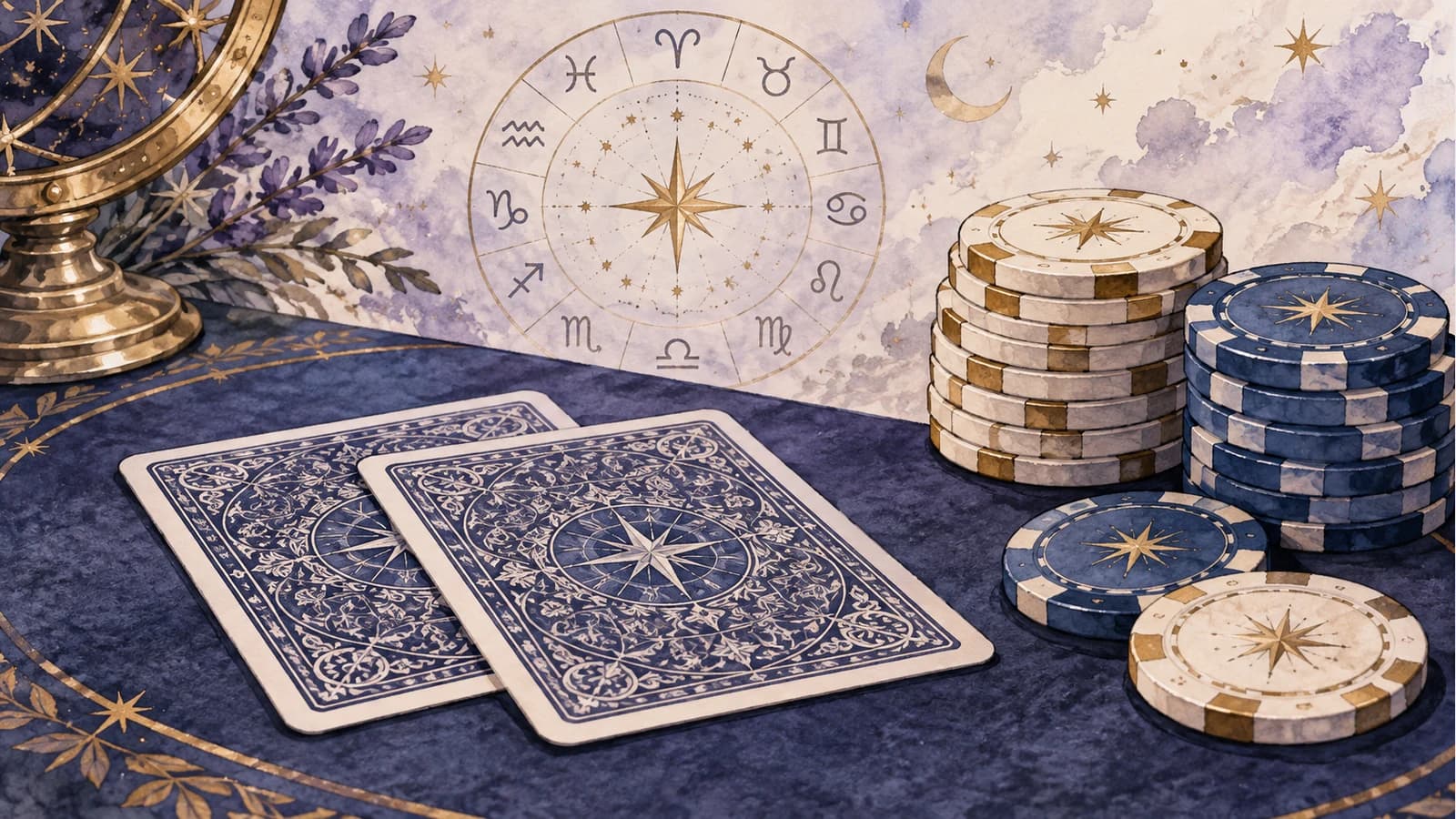 Conceptual watercolour illustration of face-down cards, poker chips and a zodiac motif; not the actual event, players or trophy.