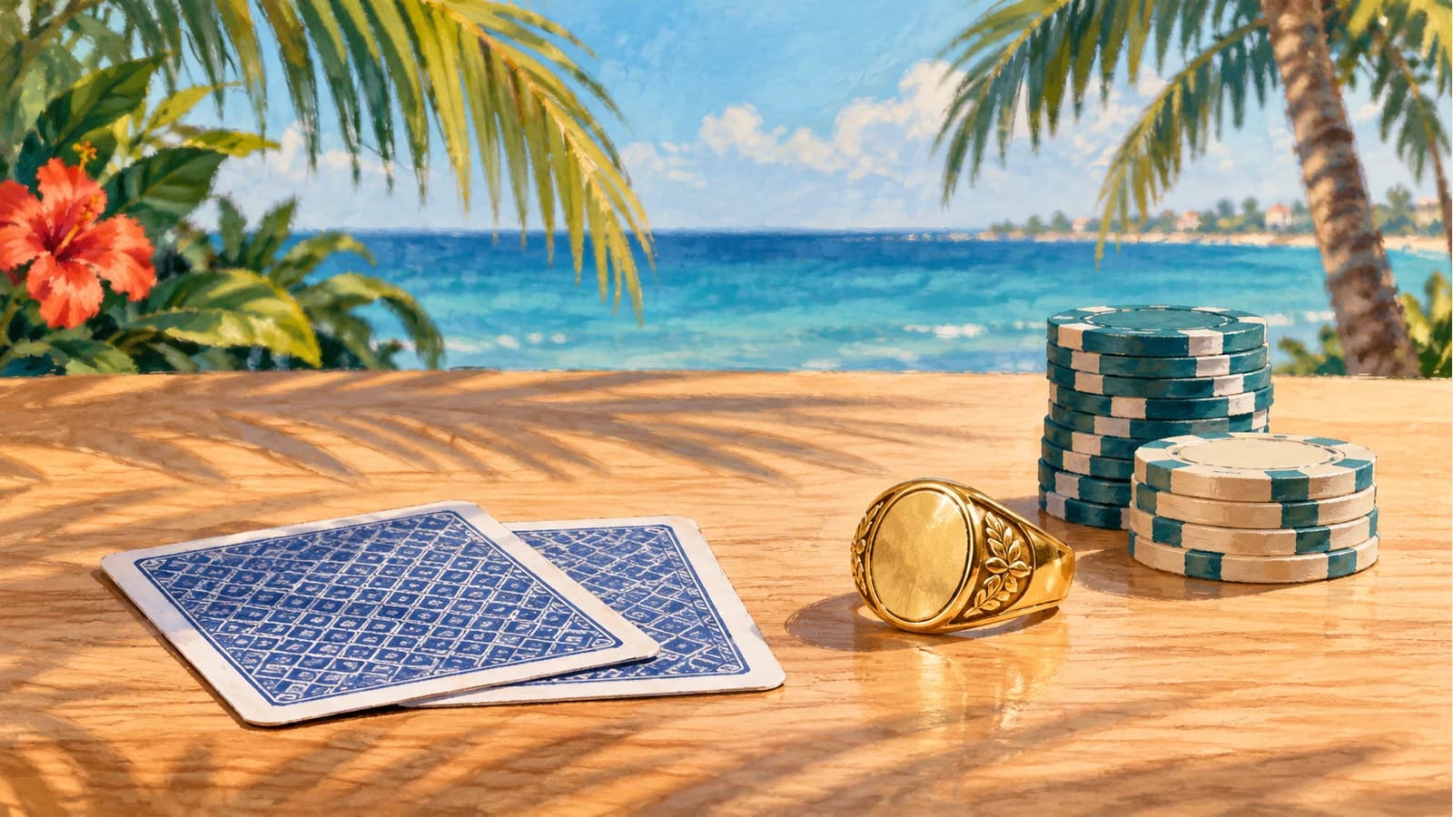 Original conceptual illustration of a generic gold ring, face-down cards and chips in tropical daylight; not the actual winner, ring or venue.