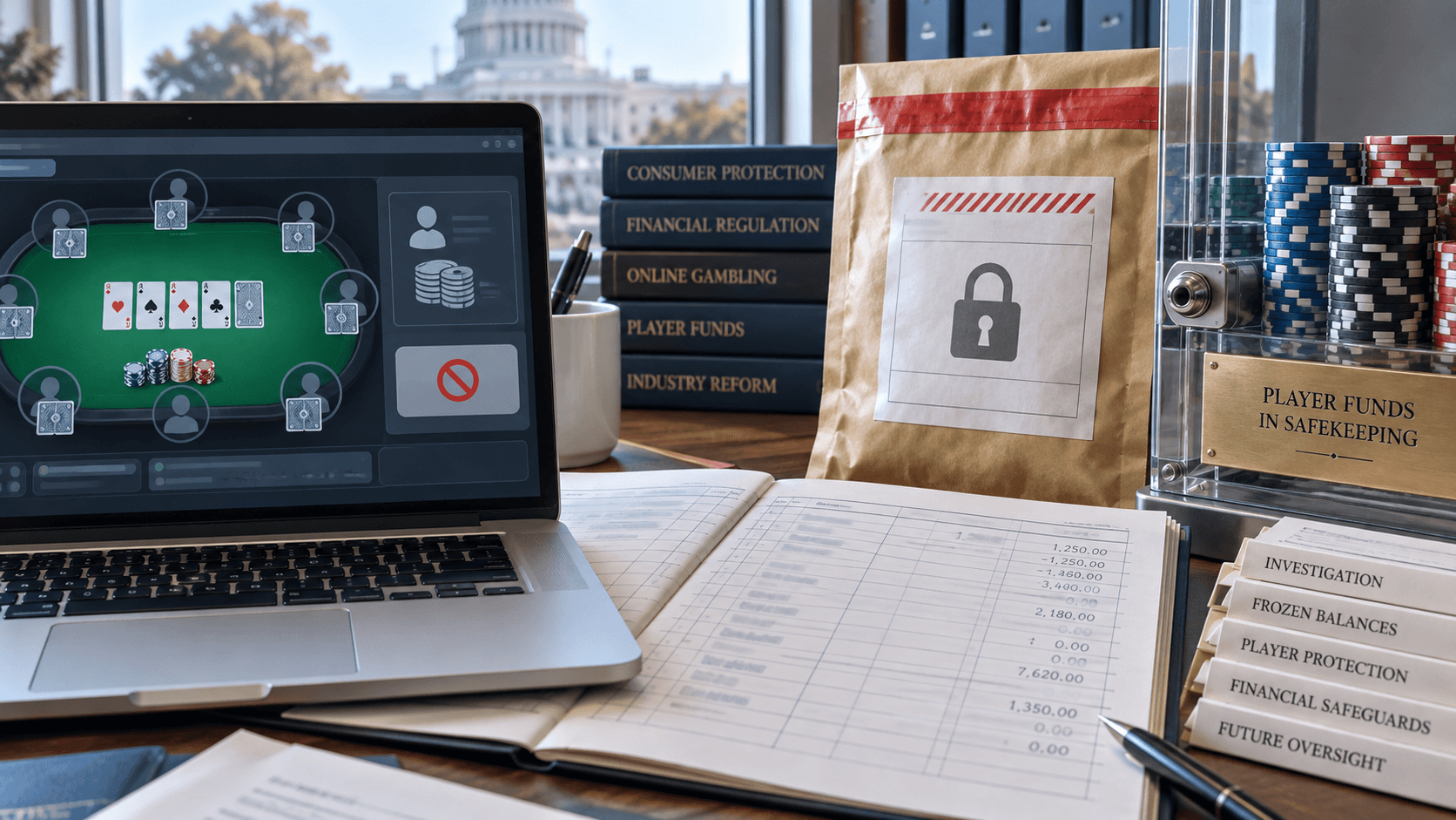 Generic online poker screen beside financial records and safeguarded chips in an investigative editorial scene