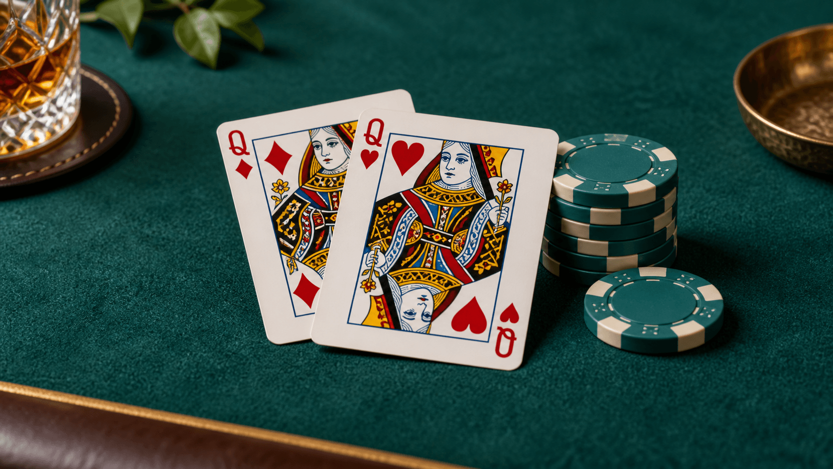 AI-generated editorial illustration of two queen playing cards and teal poker chips.