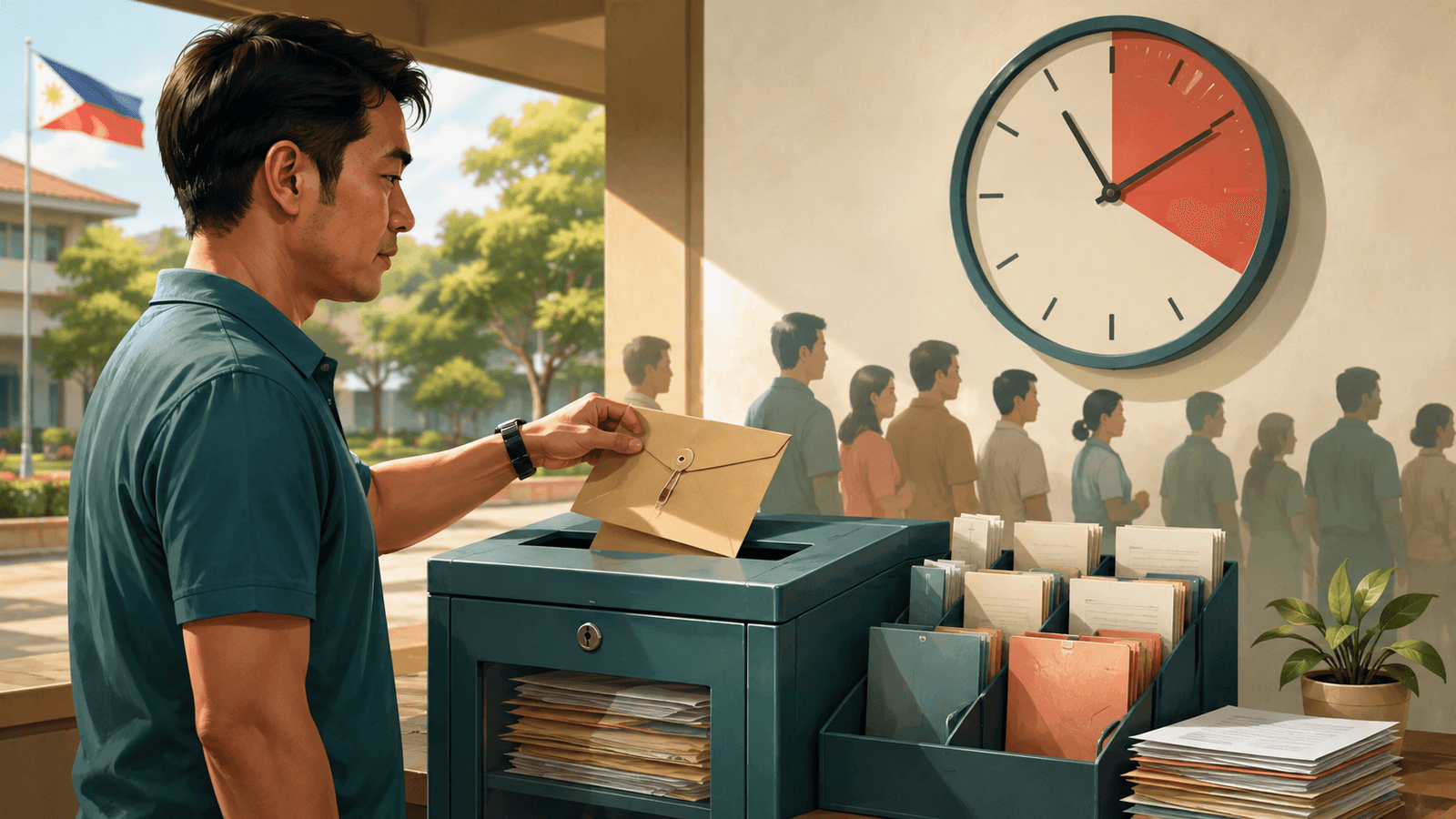A Filipino applicant submitting a sealed responsible-gaming exclusion request beside a clock and document queue