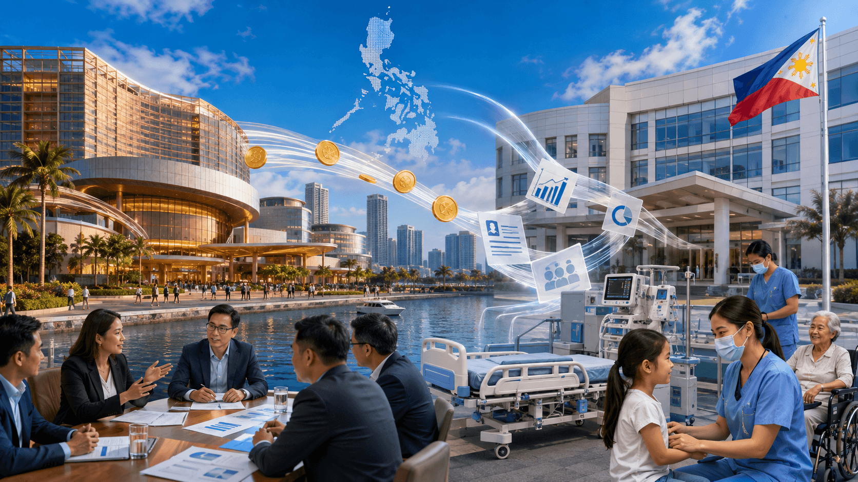 Philippine integrated resort and hospital connected by a public-benefit funding concept in bright daylight