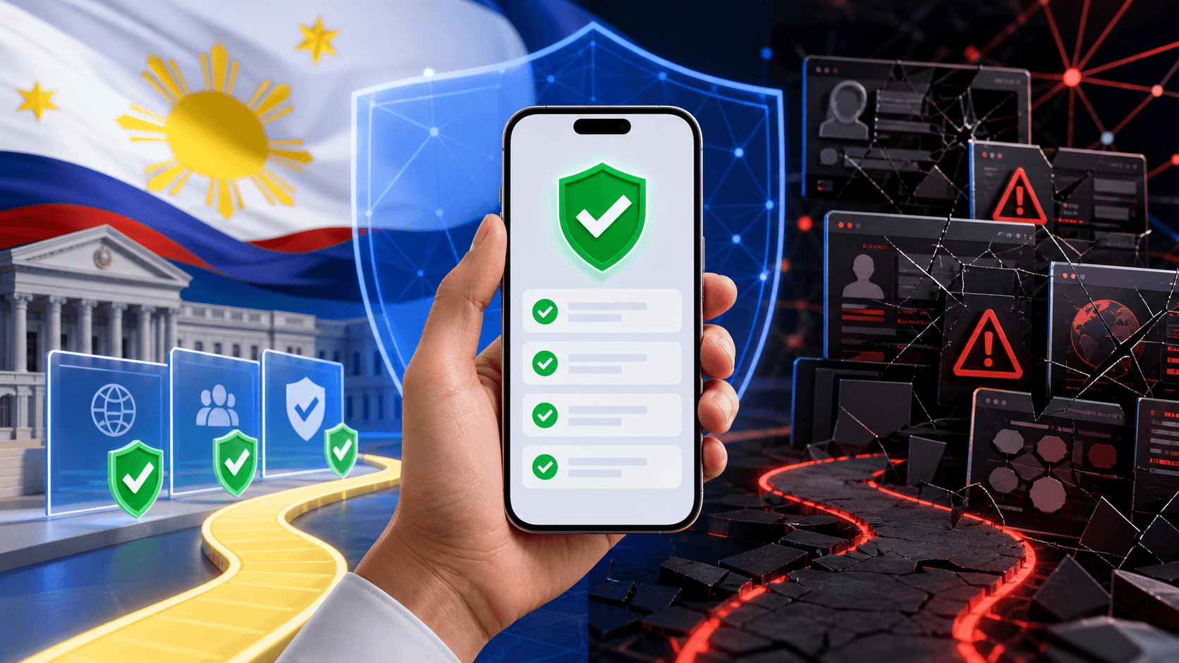 Smartphone verification shield separating licensed Philippine gaming platforms from warning-marked illegal websites