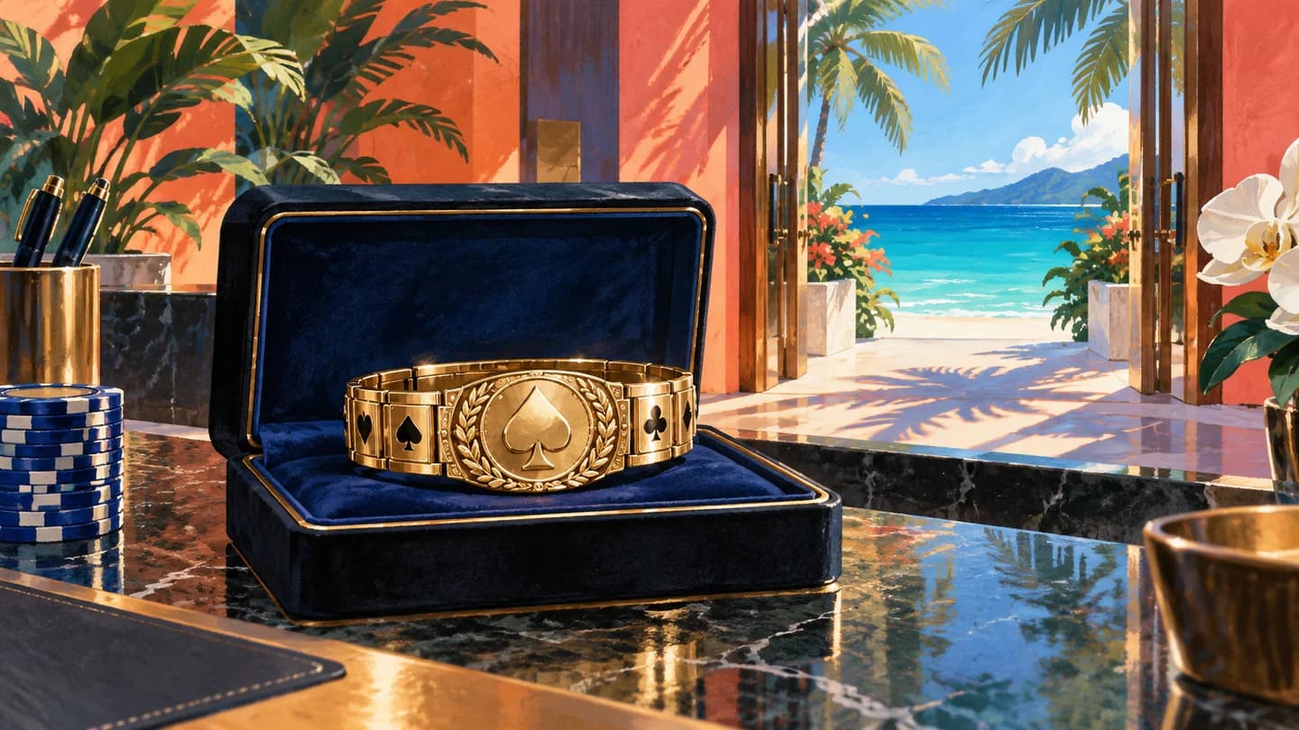 Conceptual editorial illustration of an unbranded champion bracelet in a presentation case beside a tropical doorway, not the actual venue