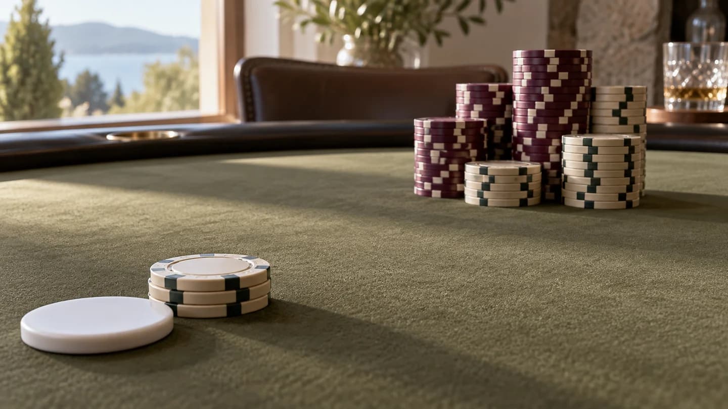 Editorial illustration of a small wager facing a larger chip wager across an olive poker table