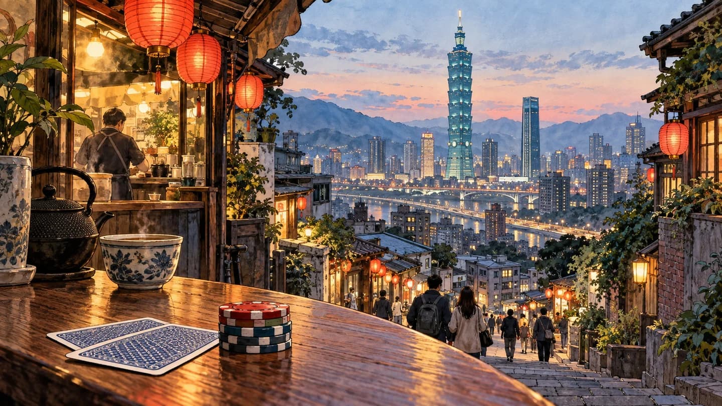 Original illustrated Taipei skyline with lanterns and a small poker motif, not a photograph of the venue or event.