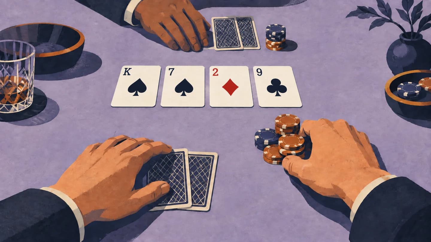 Original cut-paper illustration of a player moving chips forward on a four-card turn board.