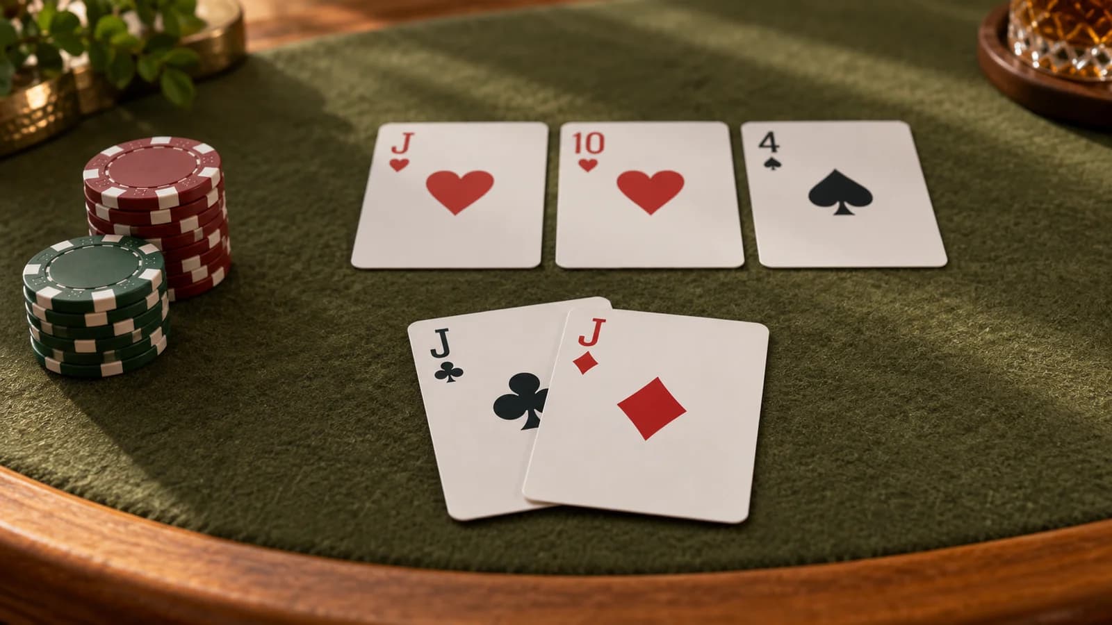 Original editorial illustration of pocket jacks and a J-heart T-heart 4-spade flop on olive felt.