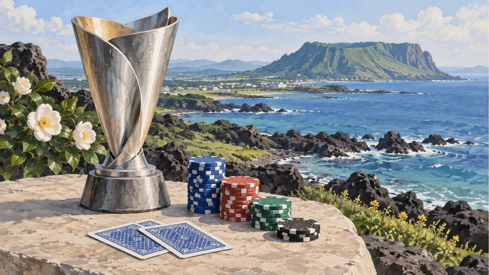 Conceptual editorial illustration of a silver trophy and poker chips beside a Jeju-inspired coast; not the actual event trophy or a documentary photograph.