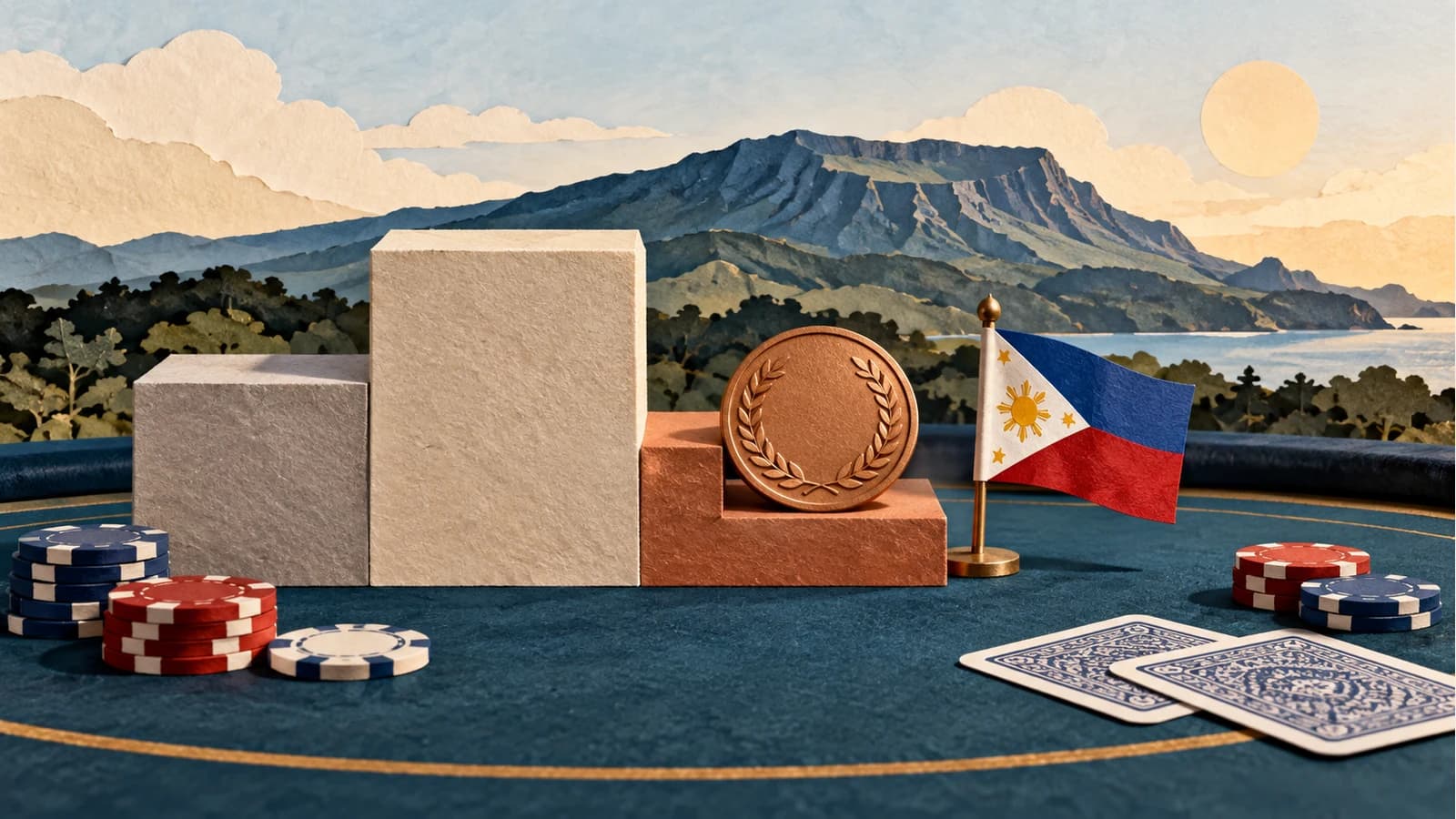 Original conceptual collage of a bronze medal on a third-place podium with a Philippine flag and poker chips; not an actual event photograph or award.