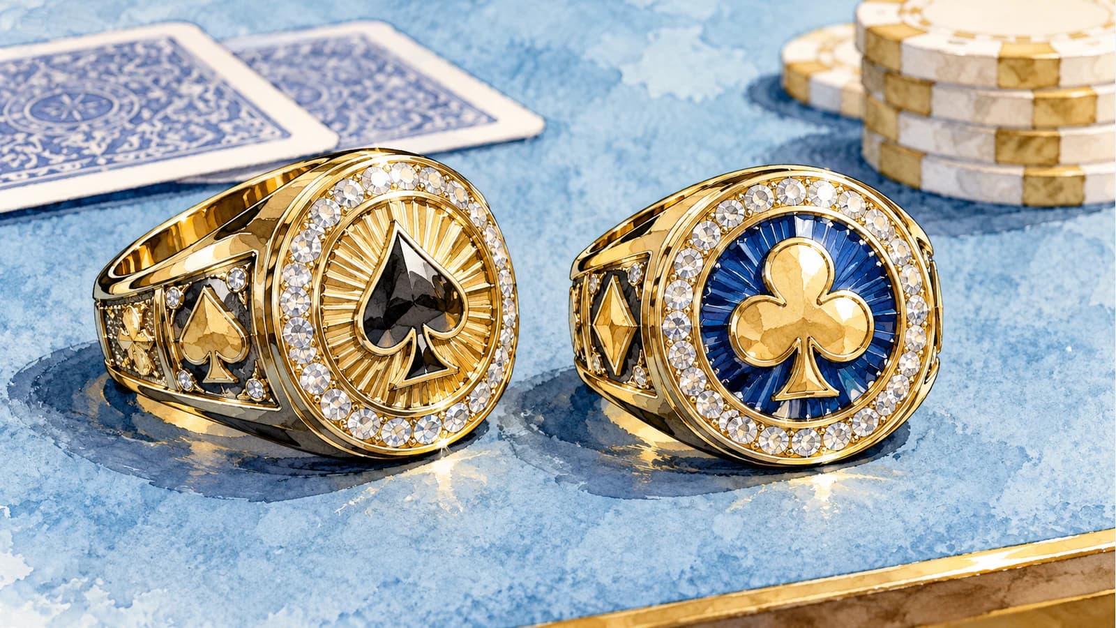 Original conceptual watercolour of two generic gold poker championship rings, not the actual WSOP awards or an event photograph.