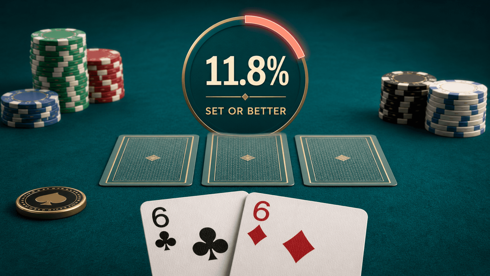 Pocket sixes on green felt beside an 11.8 percent set-or-better probability gauge and poker chips representing effective stack depth.