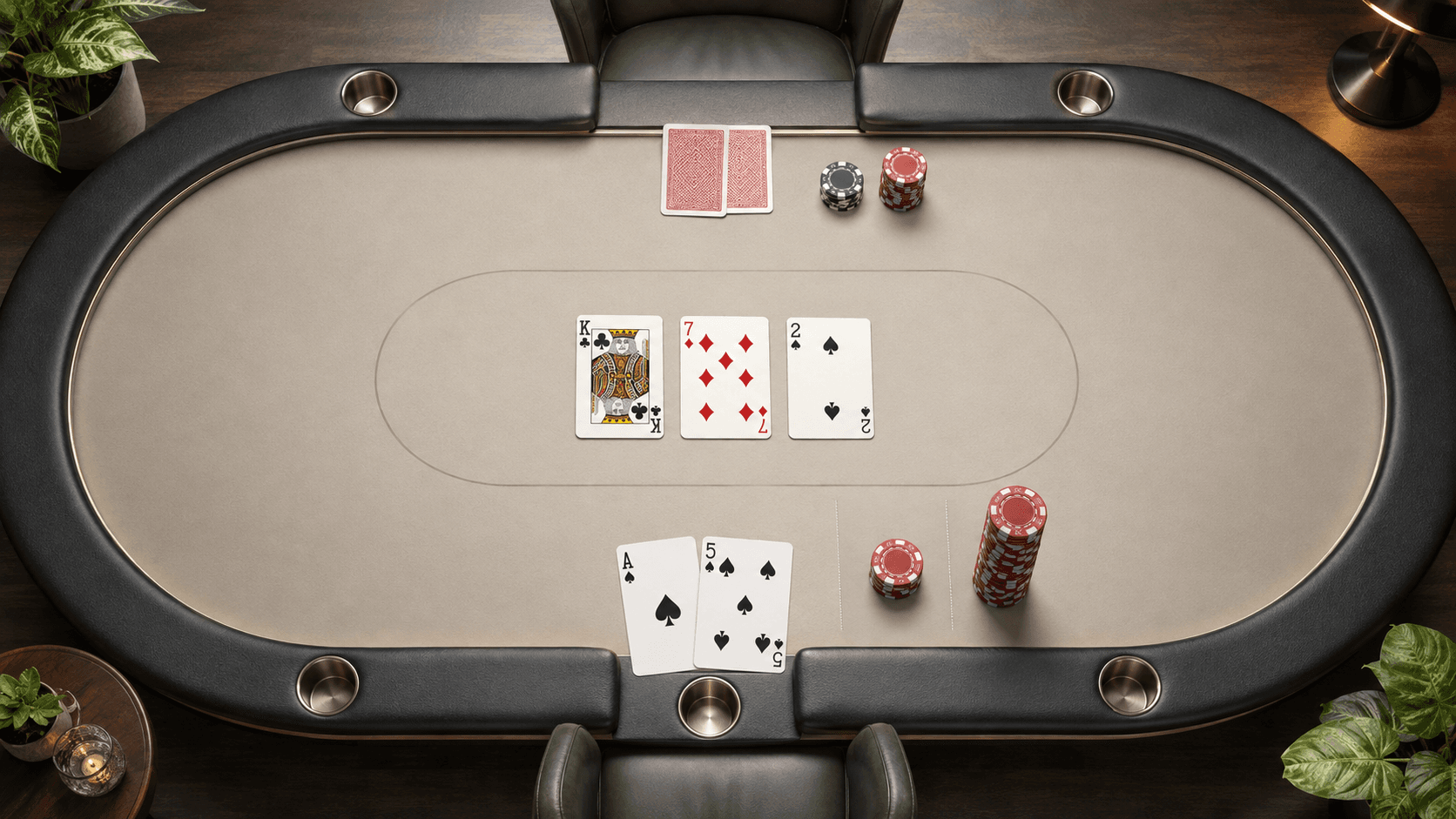 Overhead poker table showing A-five suited facing a small-versus-large continuation-bet choice on a king-high flop