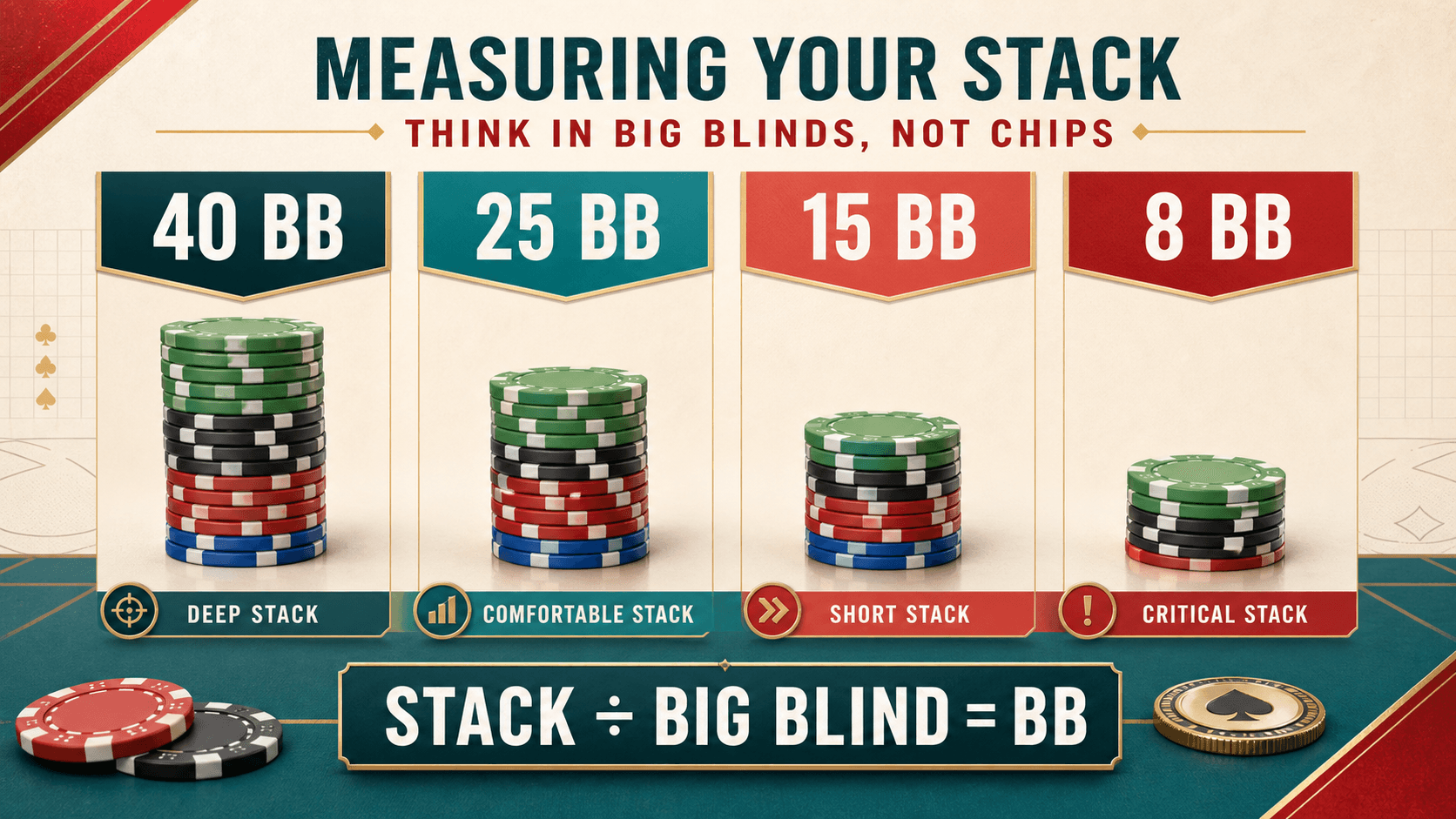 Four poker tournament chip stacks labelled 40, 25, 15 and 8 big blinds in a bright educational infographic