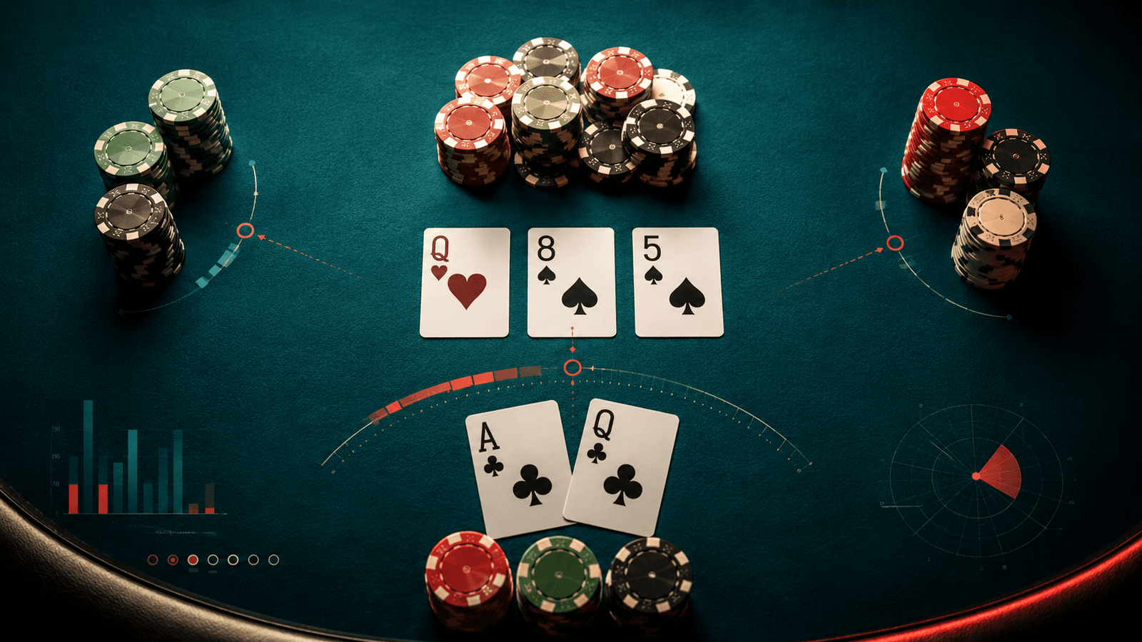 Top-down poker table showing ace-queen on a queen-high flop in a three-way tournament pot