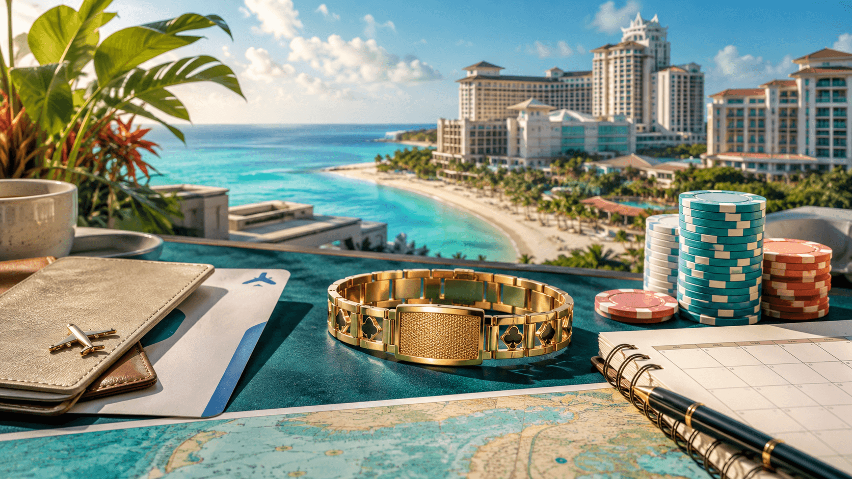 Gold poker bracelet, travel documents and chips overlooking a bright Bahamas resort