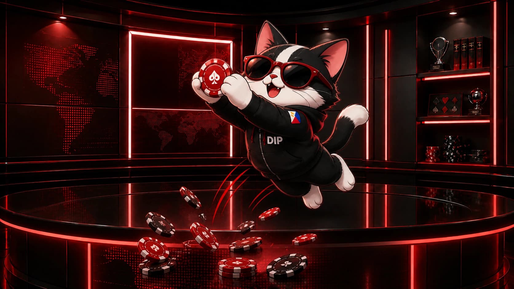 DIP cat leaps through the poker studio and catches a red poker chip