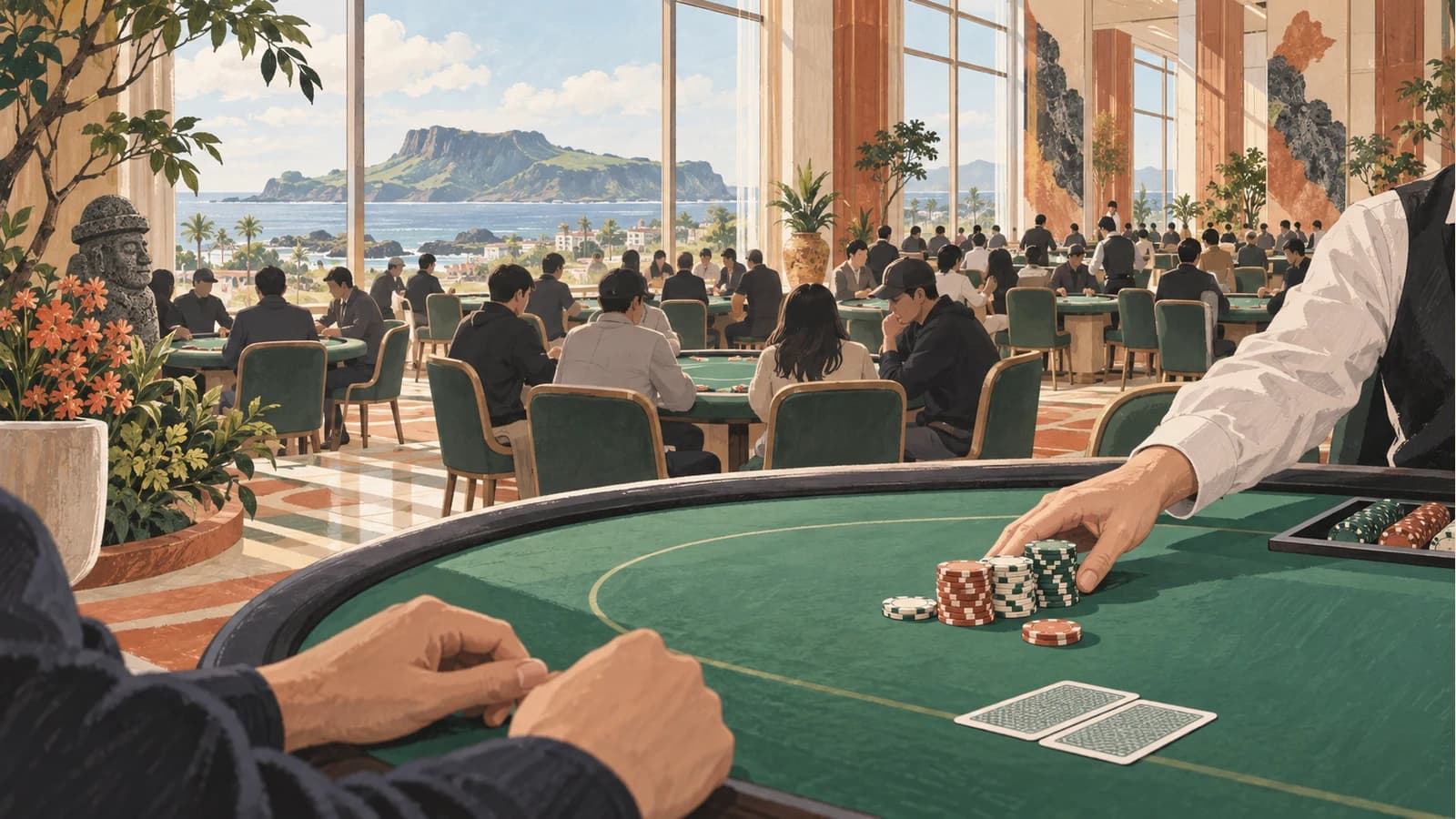 Conceptual editorial illustration of a bright poker tournament hall and a dealer moving chips, not an actual APT venue photograph.