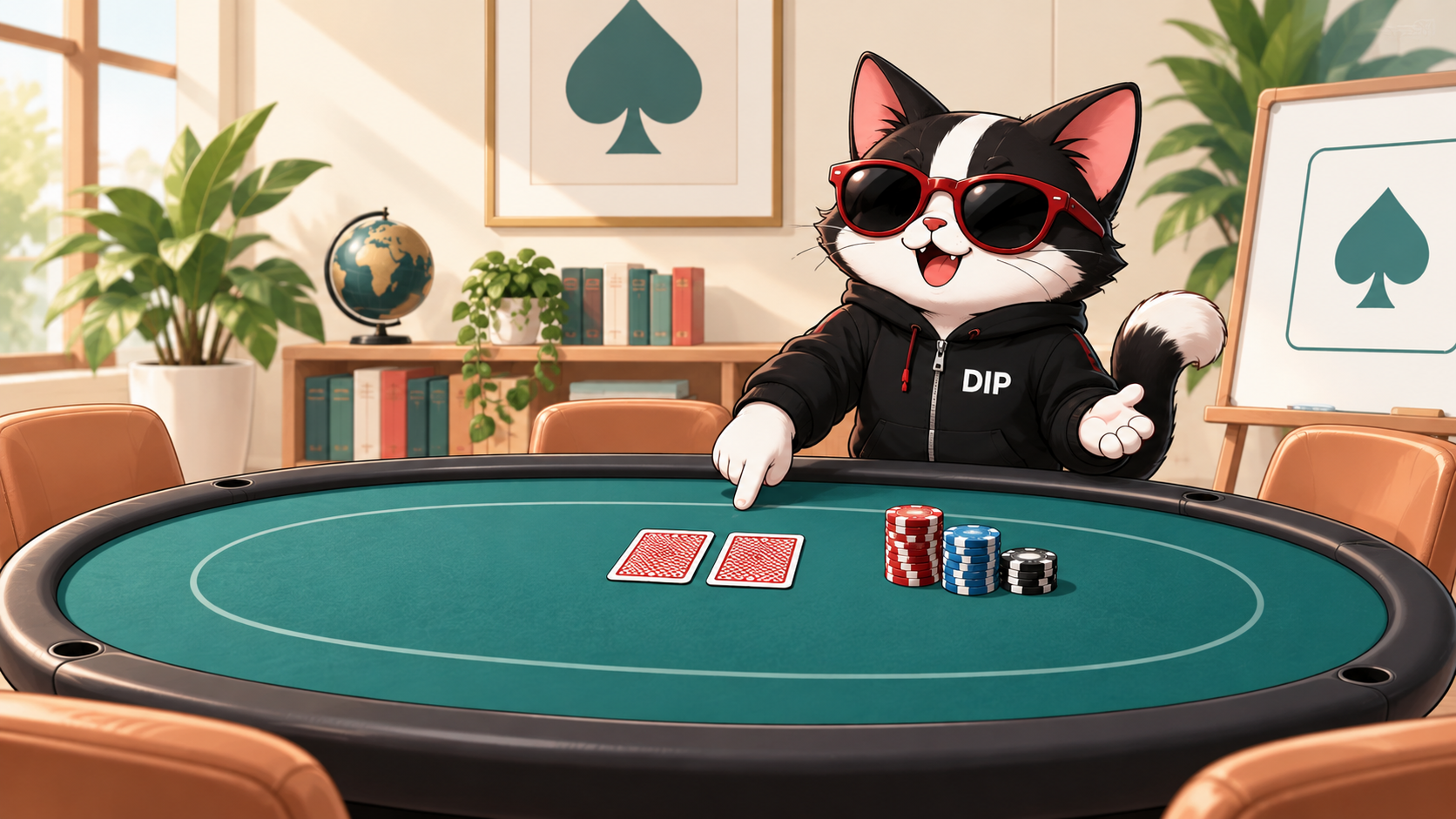 DIP cat explains two private cards at a teal poker table in a bright classroom; original AI-generated course illustration.