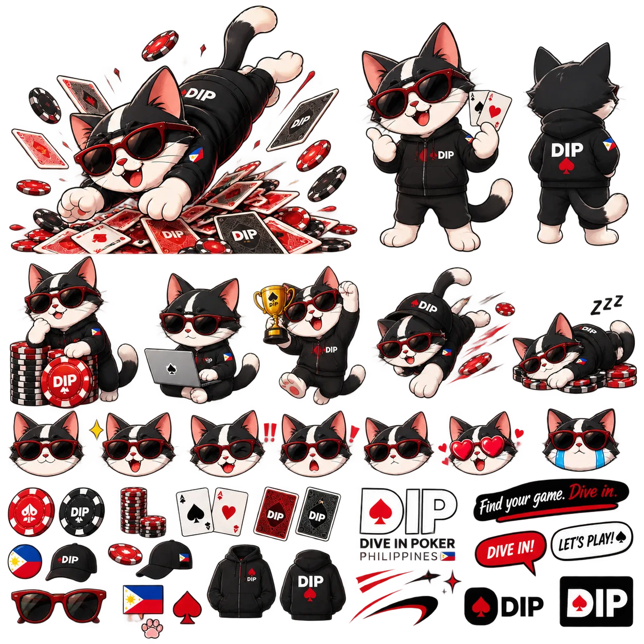 DIP cat diving into poker cards and chips